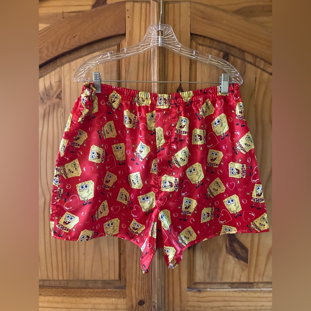 Men Nickelodeon SpongeBob red satin valentines pajama lounge shorts size L